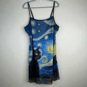 Van Gogh Inspired Art To Wear Slip Dress 4XL Artsy Starry Night Black Cat Casual